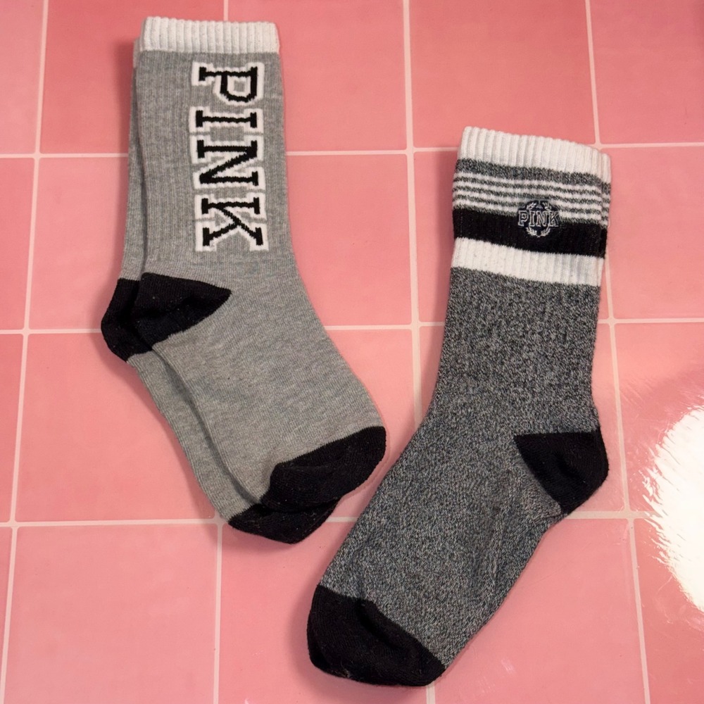 Victorias Secret PINK Crew Socks Bundle 2 Pairs Gray Marl Striped Logo Womens OS